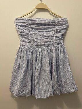 Japna Blue & White Seersucker Strapless Dress
